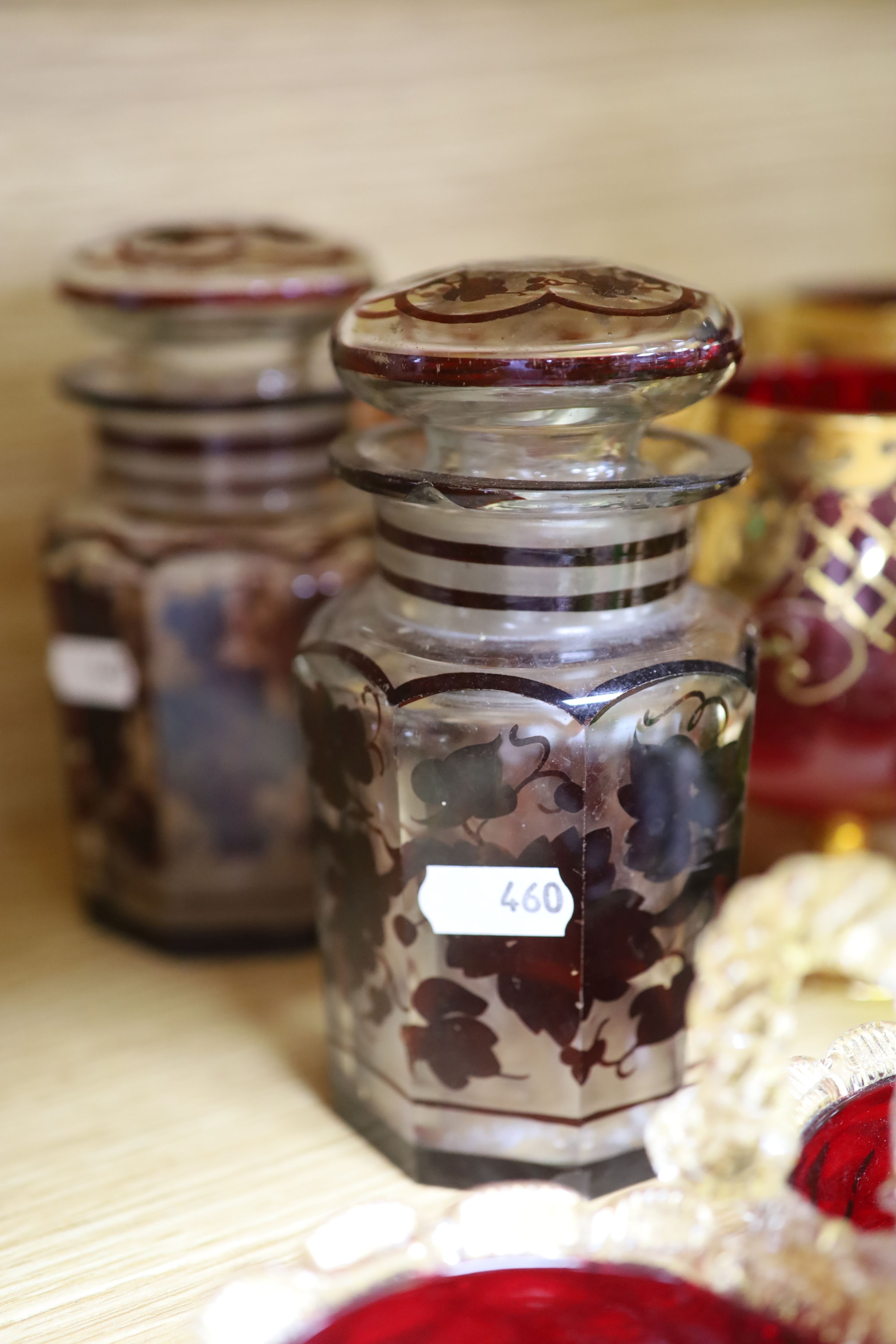 A collection of gilt decorated glasses and a jug, etc